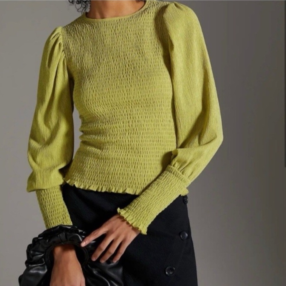 Anthropologie Lime Green Smocked Long-Sleeve Top